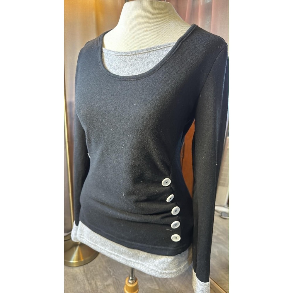 SHEIN Womens Black Layered Look Long Sleeve Top Grey Trim Side Buttons